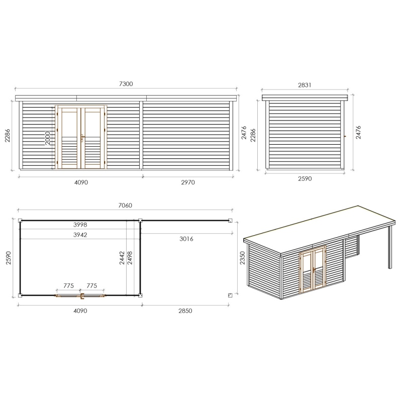 Casetta da giardino in legno Freya 7.6x2.59 m - 18.28 m2 - 28 mm - impregnata