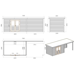 Casetta da giardino in legno Freya 7.6x2.59 m - 18.28 m2 - 28 mm - impregnata