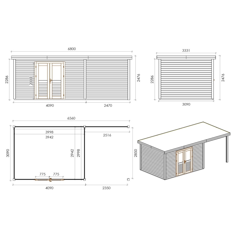 Casetta da giardino in legno Freya 6.56x3.09 m - 20.27 m2 - 28 mm - impregnata