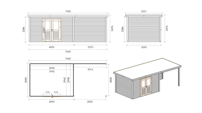 Casetta da giardino in legno Freya 4.09x3.09 m - 21.81 m2 - 28 mm - impregnata