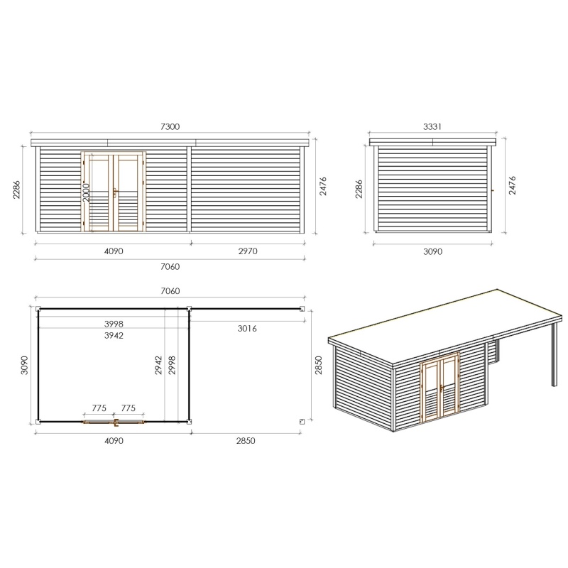 Casetta da giardino in legno Freya 7.06x3.09 m - 21.81 m2 - 28 mm - impregnata