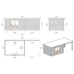 Casetta da giardino in legno Freya 7.06x3.09 m - 21.81 m2 - 28 mm - impregnata