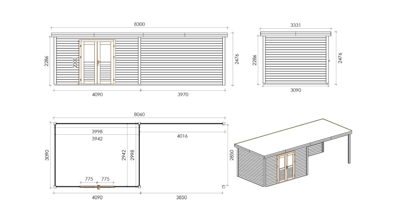 Casetta da giardino in legno Freya 4.09x3.09 m - 24.9 m2 - 28 mm - impregnata