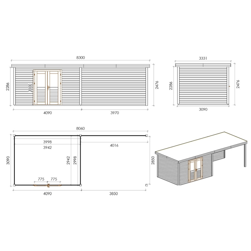 Casetta da giardino in legno Freya 8.06x3.09 m - 24.9 m2 - 28 mm - impregnata