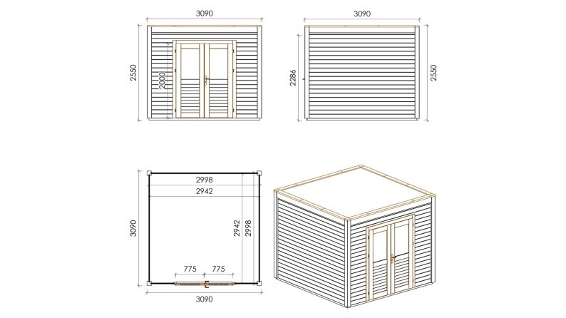 Casetta da giardino in legno Sora 3.09x3.09 m - 9.55 m2 - 28 mm - impregnata