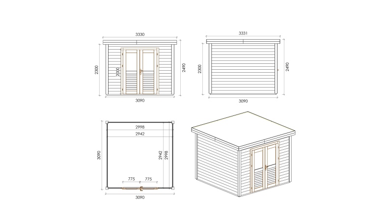 Casetta da giardino in legno Aura 3.09x3.09 m - 9.55 m2 - 28 mm - impregnata
