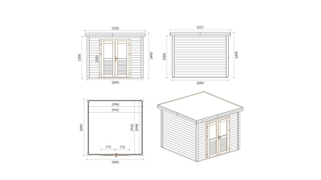 Casetta da giardino in legno Aura 3.09x3.09 m - 9.55 m2 - 28 mm - impregnata