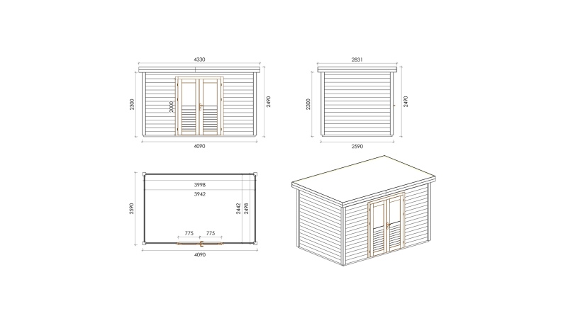 Casetta da giardino in legno Freya 4.09x2.59 m - 10.59 m2 - 28 mm - impregnata