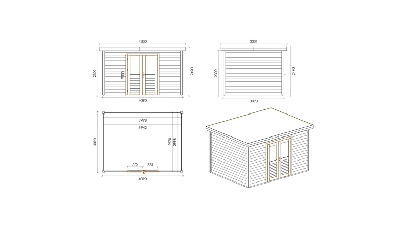 Casetta da giardino in legno Freya 4.09x3.09 m - 12.64 m2 - 28 mm - impregnata