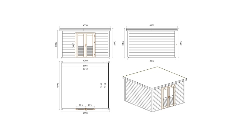 Casetta da giardino in legno Freya 4.09x4.09 m - 16.73 m2 - 28 mm - impregnata