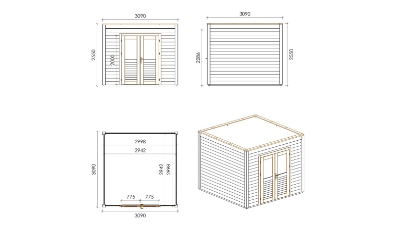 Casetta da giardino in legno Sora 3.09x3.09 m - 9.55 m2 - 28 mm - impregnata