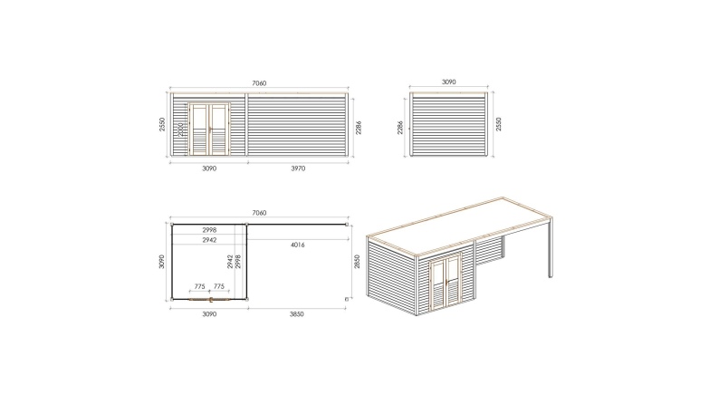 Casetta da giardino in legno Sora 7.06x3.09 m - 21.82 m2 - 28 mm - impregnata