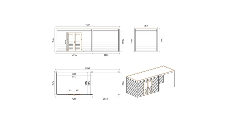 Casetta da giardino in legno Nova 7.06x2.59 m - 18.29 m2 - 28 mm - impregnata