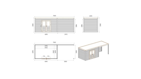 Casetta da giardino in legno Nova 7.06x2.59 m - 18.29 m2 - 28 mm - impregnata