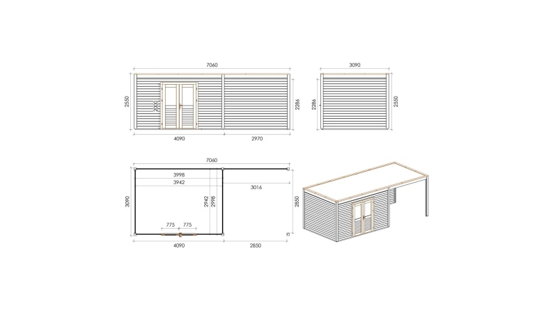 Casetta da giardino in legno Nova 7.06x3.09 m - 21.82 m2 - 28 mm - impregnata