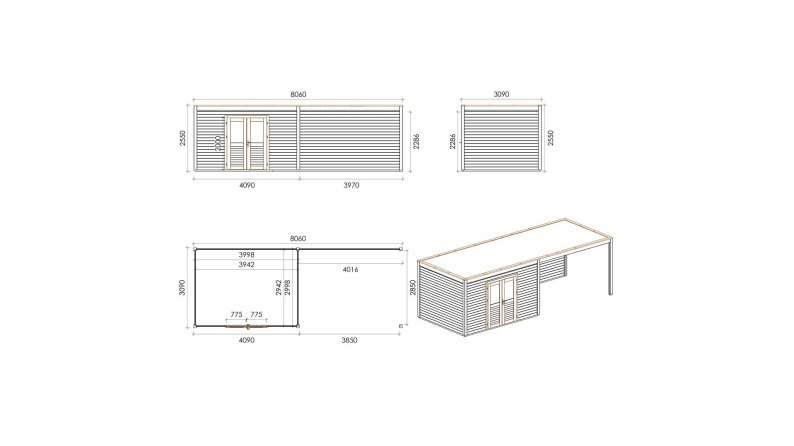 Casetta da giardino in legno Nova 8.06x3.09 m - 24.91 m2 - 28 mm - impregnata