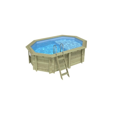 Piscina in legno NEMO 4.3 x 3 – H.1.18 m con spiaggia, azzurro chiaro, con supporti fissati al calcestruzzo