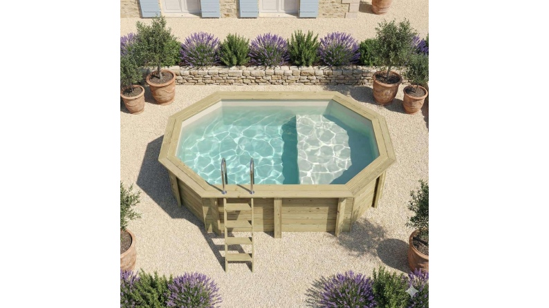 Piscina in legno NEMO 4.3 x 3 – H.1.18 m con spiaggia, sabbia, con supporti fissati al calcestruzzo