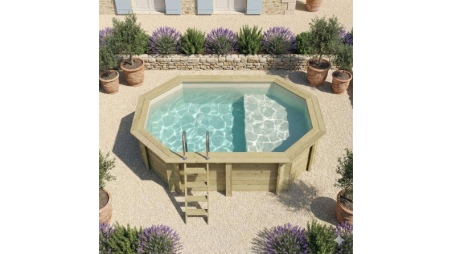Piscina in legno NEMO 4.3 x 3 – H.1.18 m con spiaggia, sabbia, con supporti fissati al calcestruzzo