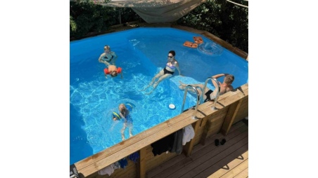 Piscina in legno NEMO 4.3 x 3 – H.1.18 m con spiaggia, azzurro chiaro, Su telaio - senza cementazione