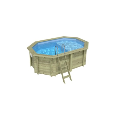 Piscina in legno NEMO 4.3 x 3 – H.1.31 m con spiaggia, azzurro chiaro, Su telaio - senza cementazione