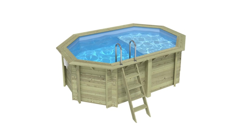 Piscina in legno NEMO 4.3 x 3 – H.1.31 m con spiaggia, azzurro chiaro, Su telaio - senza cementazione