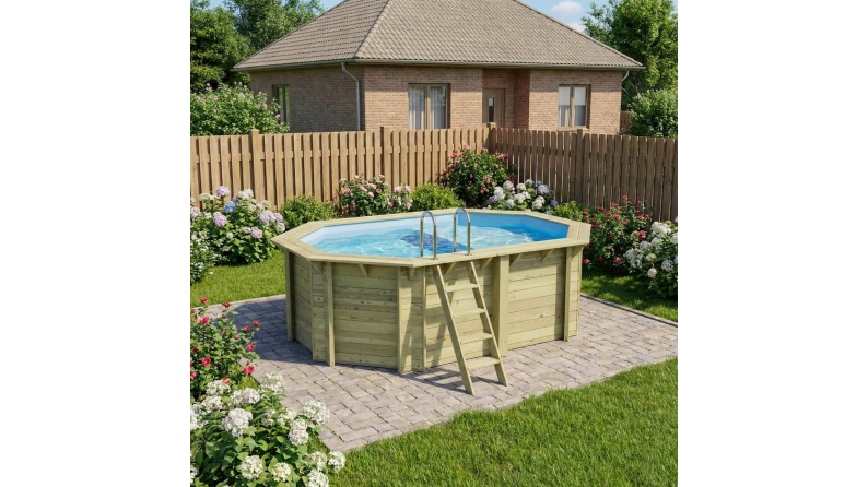 Piscina in legno NEMO 4.3 x 3 – H.1.31 m con spiaggia, azzurro chiaro, Su telaio - senza cementazione