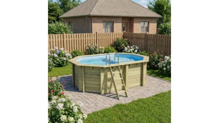 Piscina in legno NEMO 4.3 x 3 – H.1.31 m con spiaggia, azzurro chiaro, Su telaio - senza cementazione