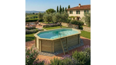 Piscina in legno NEMO 5.79 x 3.49 – H.1.45 m con spiaggia, sabbia, con supporti fissati al calcestruzzo
