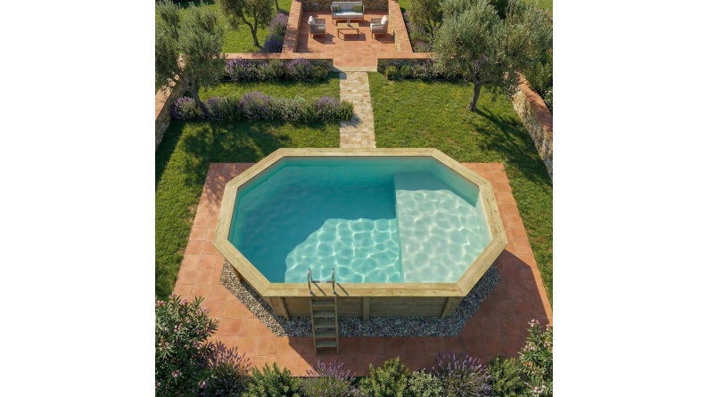 Piscina in legno NEMO 5.79 x 3.49 – H.1.45 m con spiaggia, sabbia, con supporti da cementare
