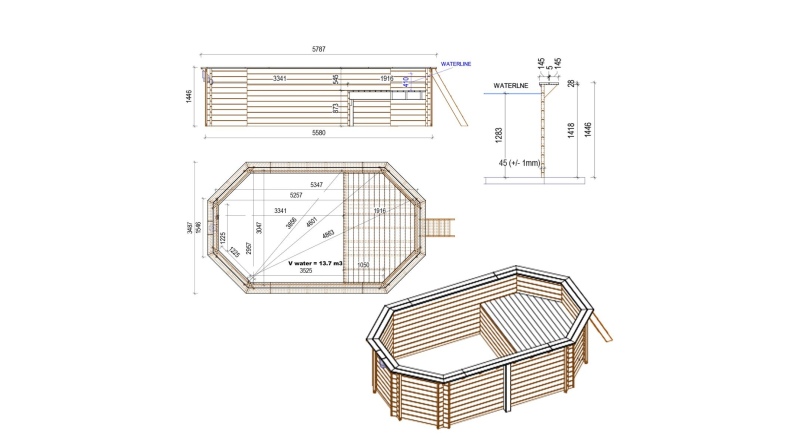 Piscina in legno NEMO 5.79 x 3.49 – H.1.45 m con spiaggia, azzurro chiaro, Su telaio - senza cementazione