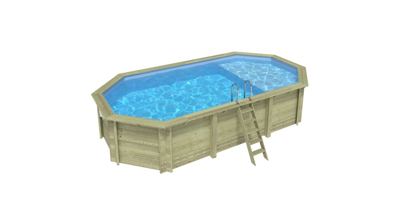 Piscina in legno NEMO 7.3 x 3.97 – H.1.45 m con spiaggia, azzurro chiaro, con supporti da cementare
