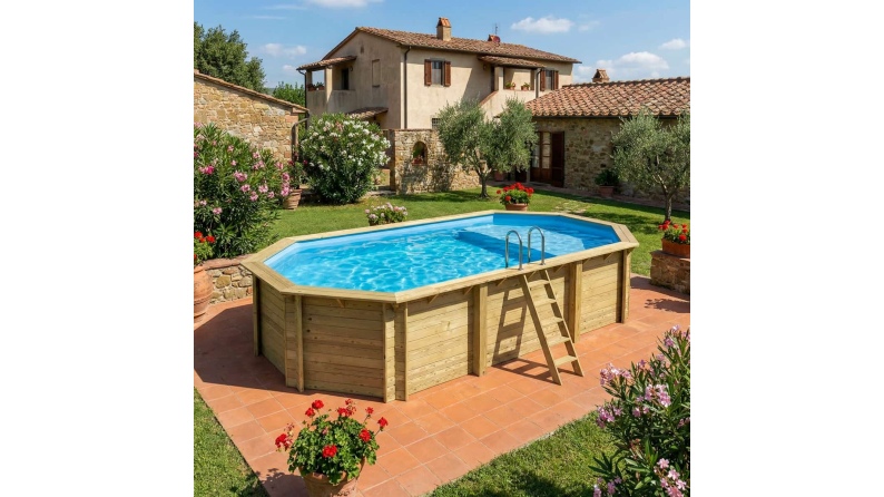 Piscina in legno NEMO 7.3 x 3.97 – H.1.45 m con spiaggia, azzurro chiaro, con supporti da cementare