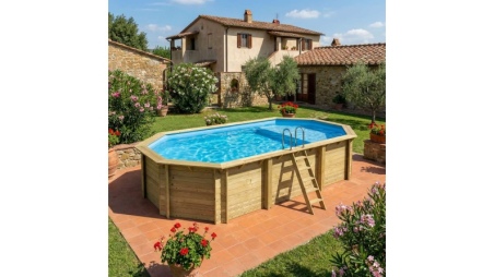 Piscina in legno NEMO 7.3 x 3.97 – H.1.45 m con spiaggia, azzurro chiaro, con supporti da cementare
