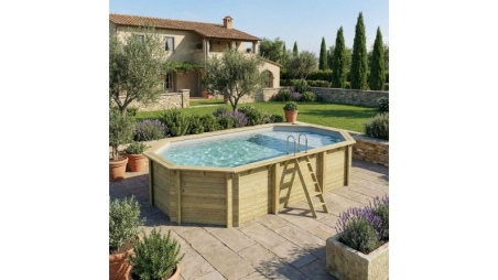 Piscina in legno NEMO 7.3 x 3.97 – H.1.45 m con spiaggia, grigio, con supporti da cementare