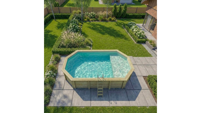 Piscina in legno NEMO 7.3 x 3.97 – H.1.45 m con spiaggia, sabbia, con supporti da cementare