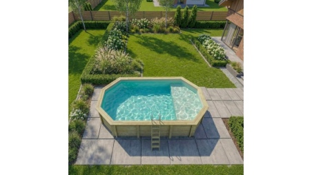 Piscina in legno NEMO 7.3 x 3.97 – H.1.45 m con spiaggia, sabbia, con supporti fissati al calcestruzzo