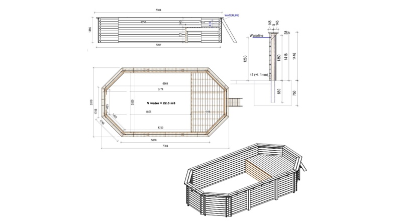 Piscina in legno NEMO 7.3 x 3.97 – H.1.45 m con spiaggia, sabbia, con supporti fissati al calcestruzzo