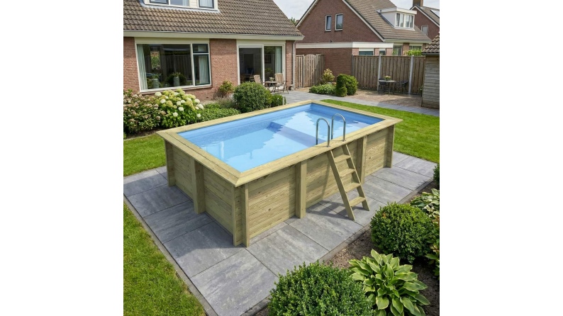 Piscina in legno AQUA 4.65 x 2.85 – H.1.24 m con spiaggia, azzurro chiaro, con supporti da cementare