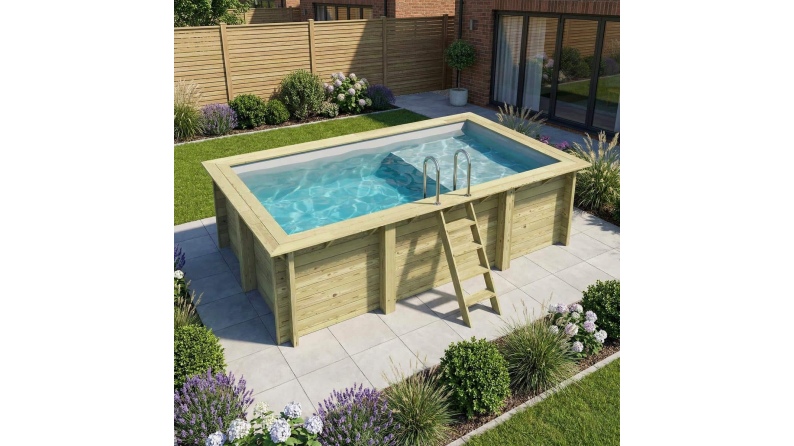Piscina in legno AQUA 4.65 x 2.85 – H.1.24 m con spiaggia, grigio, con supporti da cementare