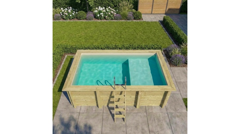Piscina in legno AQUA 4.65 x 2.85 – H.1.24 m con spiaggia, sabbia, con supporti da cementare