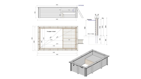 Piscina in legno AQUA 4.65 x 2.85 – H.1.24 m con spiaggia, grigio, con supporti fissati al calcestruzzo