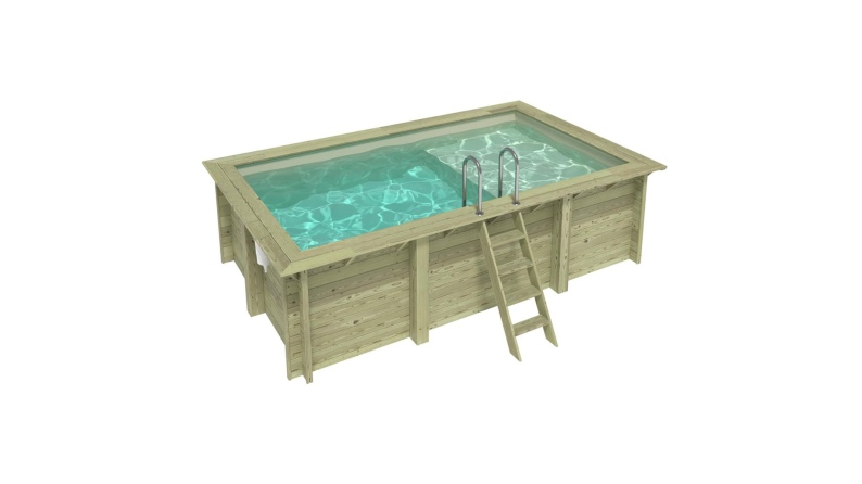 Piscina in legno AQUA 4.65 x 2.85 – H.1.24 m con spiaggia, sabbia, Su telaio - senza cementazione