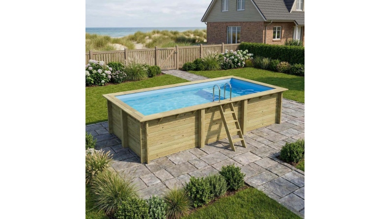 Piscina in legno AQUA 6.1 x 2.85 – H.1.31 m con spiaggia, azzurro chiaro, con supporti da cementare