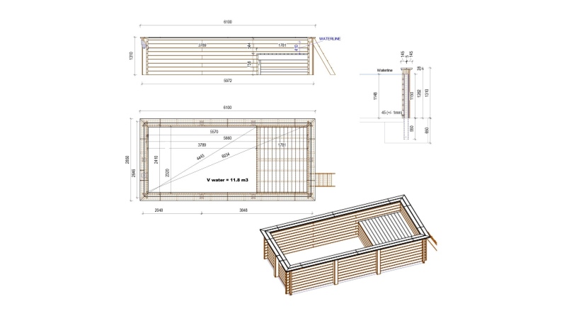 Piscina in legno AQUA 6.1 x 2.85 – H.1.31 m con spiaggia, sabbia, con supporti da cementare