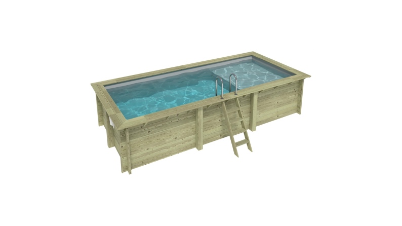 Piscina in legno AQUA 6.1 x 2.85 – H.1.31 m con spiaggia, grigio, con supporti fissati al calcestruzzo