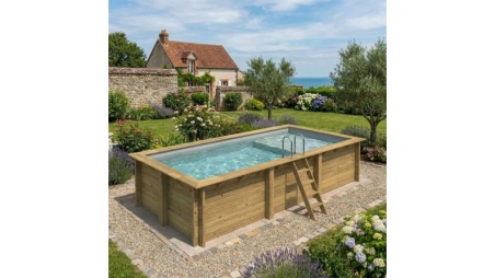 Piscina in legno AQUA 6.1 x 2.85 – H.1.31 m con spiaggia, grigio, con supporti fissati al calcestruzzo