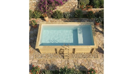 Piscina in legno AQUA 6.1 x 2.85 – H.1.31 m con spiaggia, sabbia, con supporti fissati al calcestruzzo