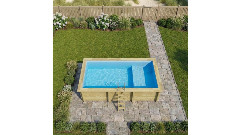 Piscina in legno AQUA 6.1 x 2.85 – H.1.31 m con spiaggia, azzurro chiaro, Su telaio - senza cementazione