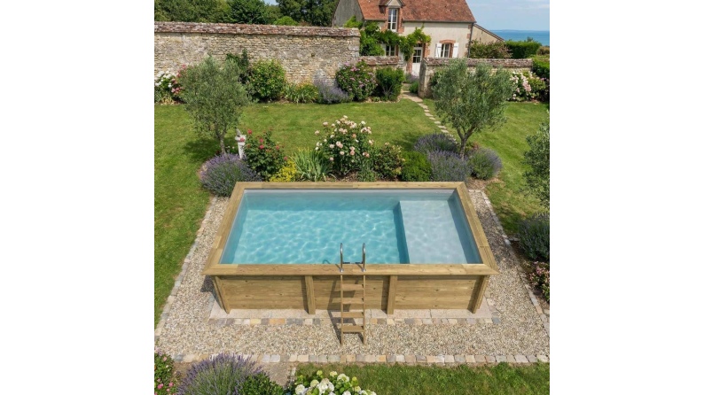 Piscina in legno AQUA 6.1 x 2.85 – H.1.31 m con spiaggia, grigio, Su telaio - senza cementazione